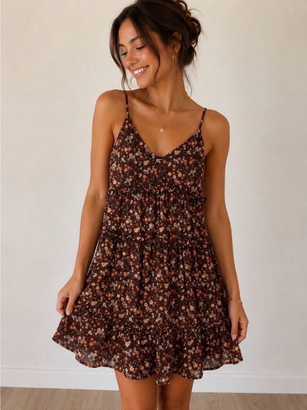 Trixxi Brown Floral Tiered Spaghetti-Strap Mini Dress